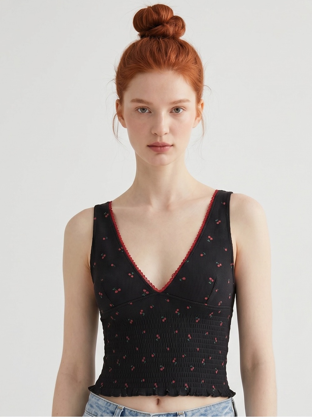 Y2K whimsical Black Ribbed Cropped Tank with Cherries print. Kidcore. Size XS